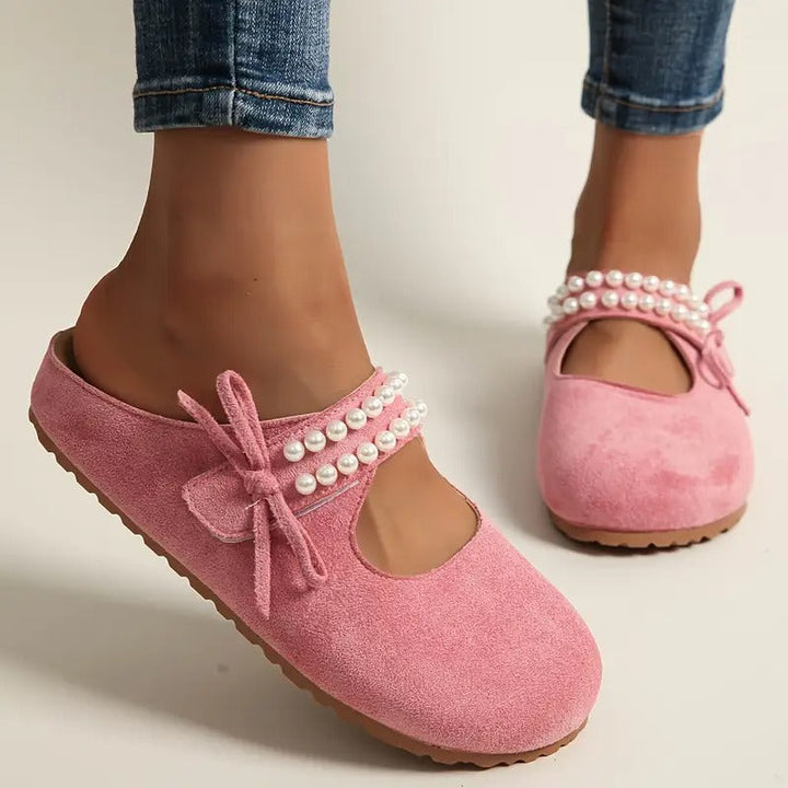 Damskie półbuty Mary Jane z perłową kokardą