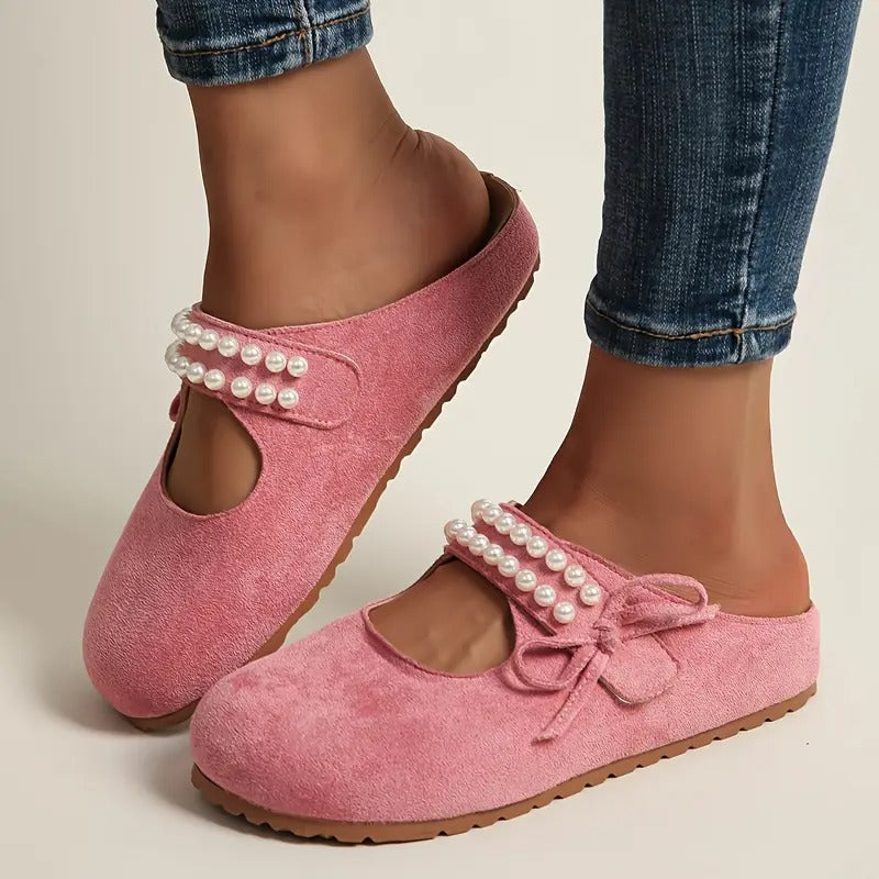 Damskie półbuty Mary Jane z perłową kokardą
