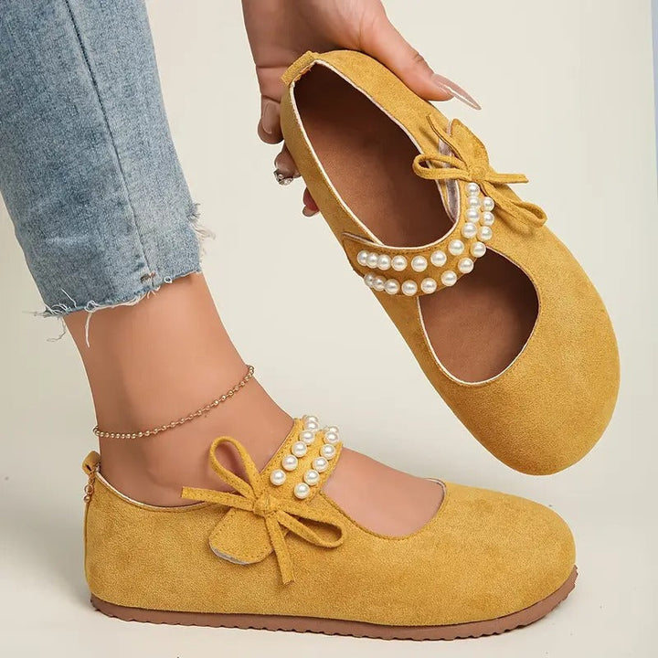 Damskie półbuty Mary Jane z perłową kokardą
