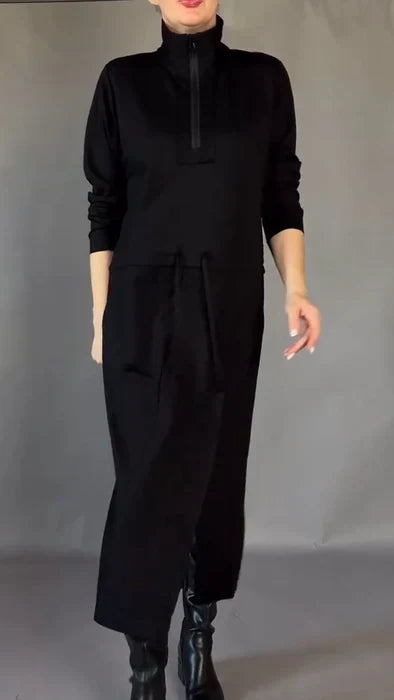 Elegancka sukienka damska z długim rękawem i ściągaczem w pasie