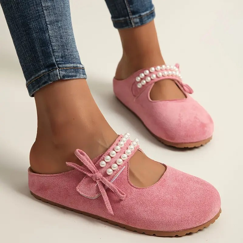 Damskie półbuty Mary Jane z perłową kokardą
