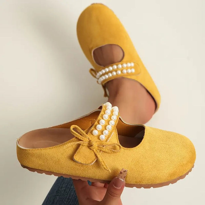 Damskie półbuty Mary Jane z perłową kokardą